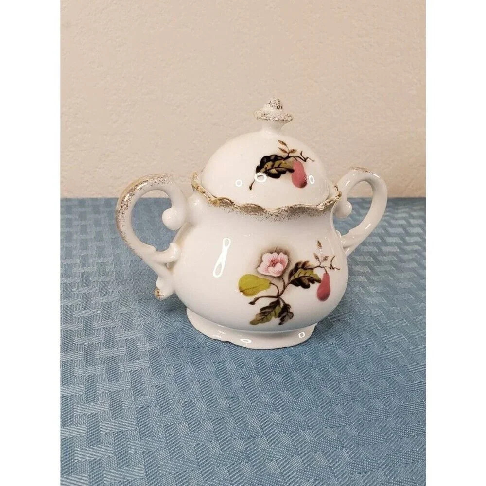 LEFTON CHINA SUGAR BOWL W/LID PAER FLORAL LEAF PATTERN NE 4354 Hand Panted - Picture 4 of 8